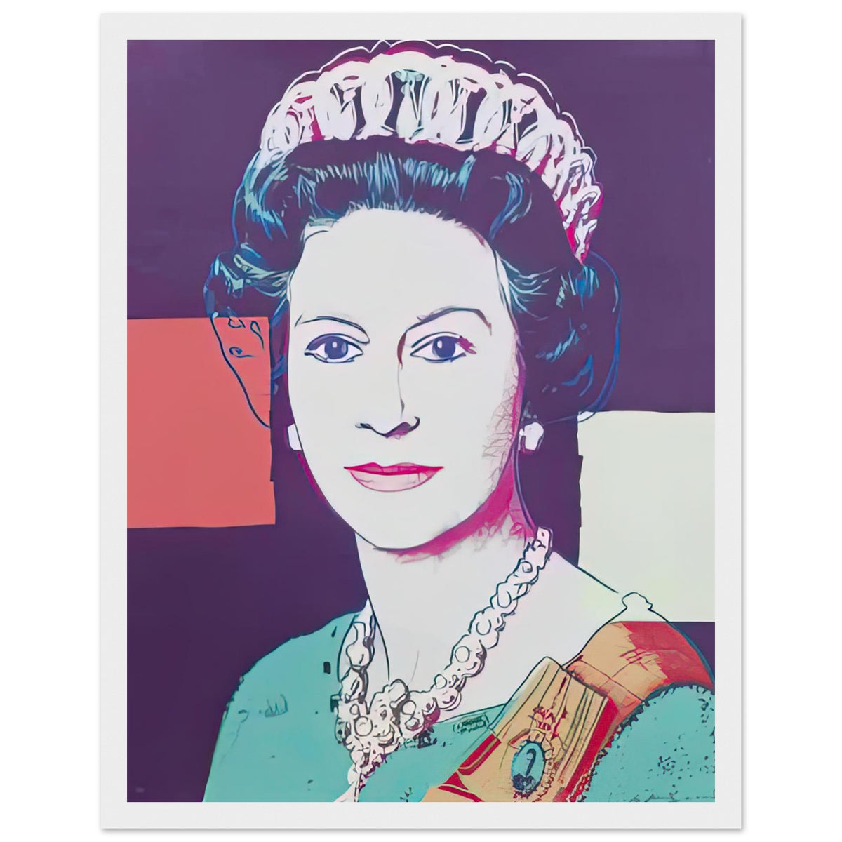 Andy Warhol framed print depicting a pale frontal face and detailed royal jewellery are set against blue, pink and red geometric fields; The Reigning Queens portfolio presented four women who held ruling power in their own right: Elizabeth, white frame, 27x35 cm / 11x14″