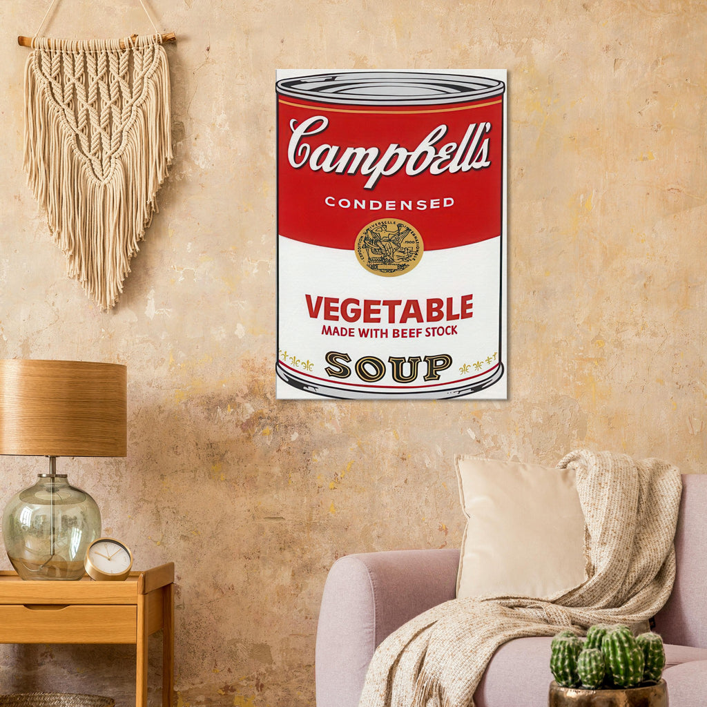 Andy Warhol canvas print depicting the instantly legible soup-can silhouette, packaging lettering and product name create a highly recognizable commercial composition