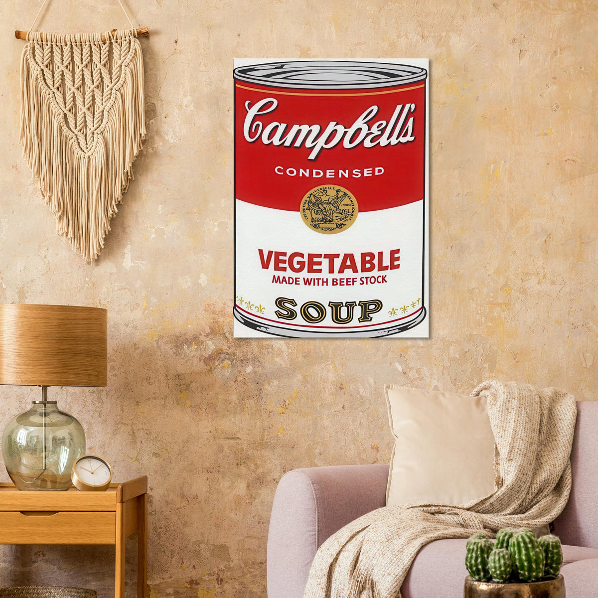 Andy Warhol canvas print depicting the instantly legible soup-can silhouette, packaging lettering and product name create a highly recognizable commercial composition