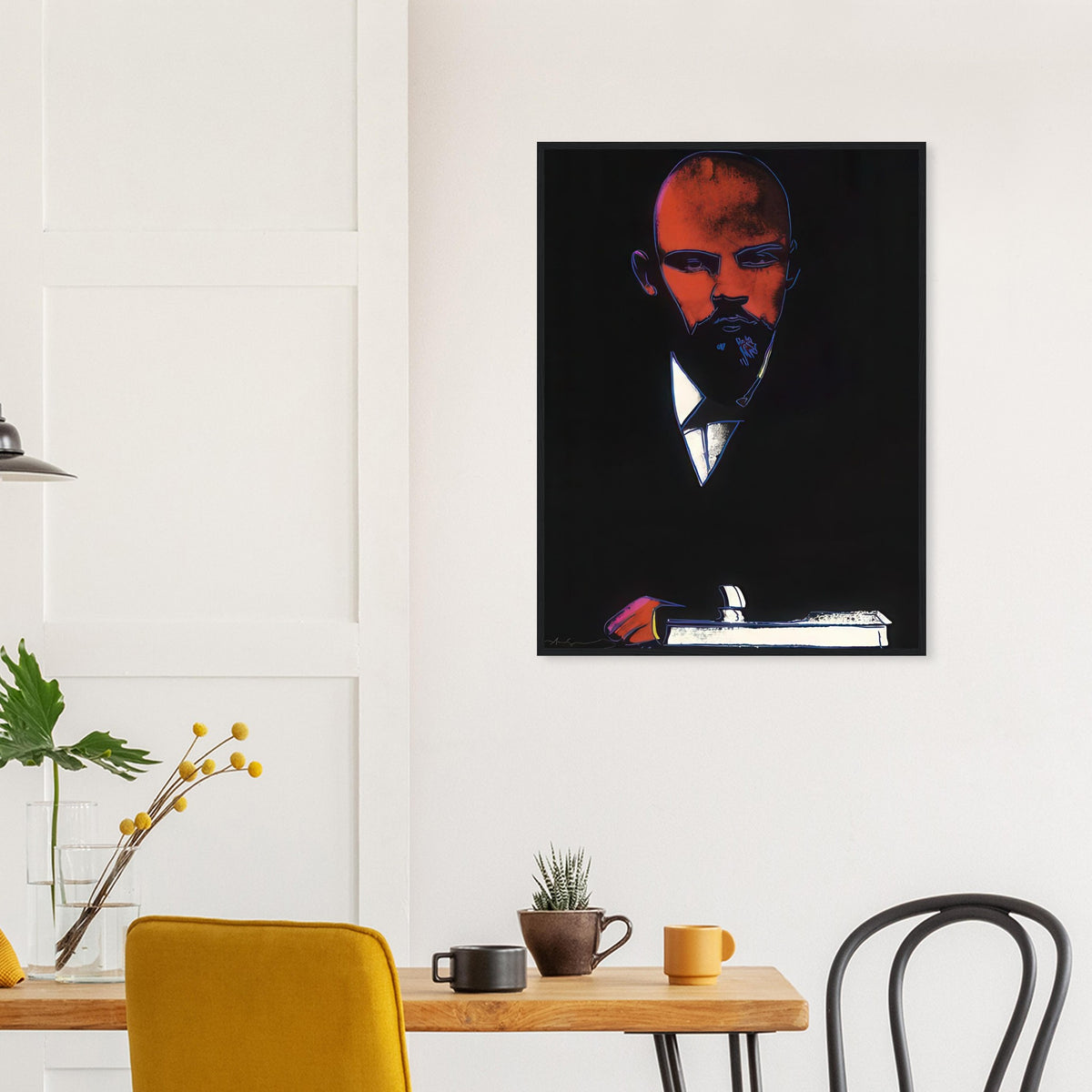 Andy Warhol framed print depicting an assertive face and reduced graphic shapes organize the composition into a memorable political portrait, independent of a traditional painted likeness