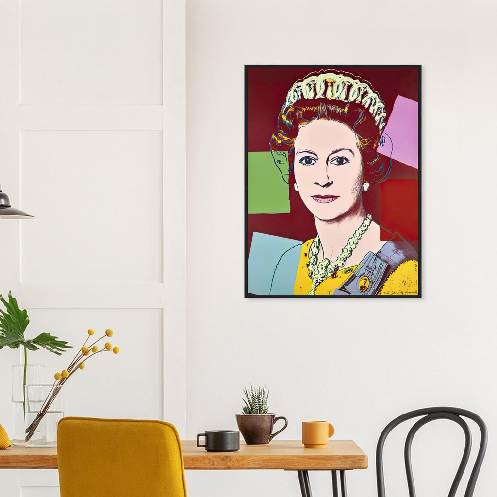 Andy Warhol framed print depicting this work depicts Queen Elizabeth II of the United Kingdom; The Reigning Queens portfolio presented four women who held ruling power in their own right: Elizabeth