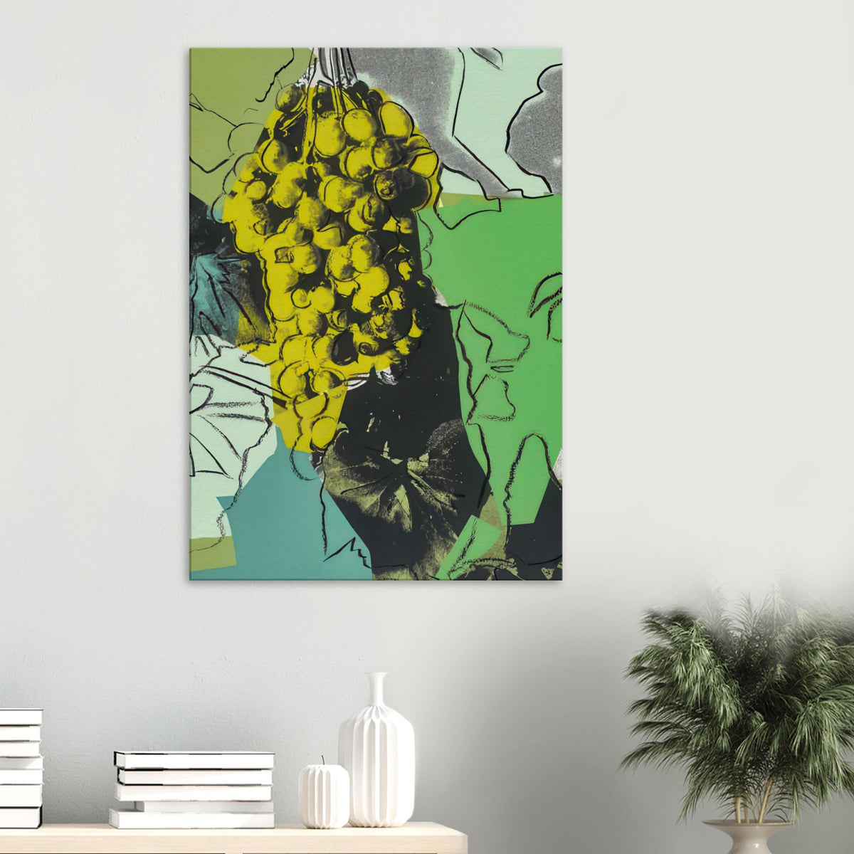 Andy Warhol canvas print depicting rounded grape forms and flowing stems provide a decorative rhythm, while the composition feels more graphic than naturalistic