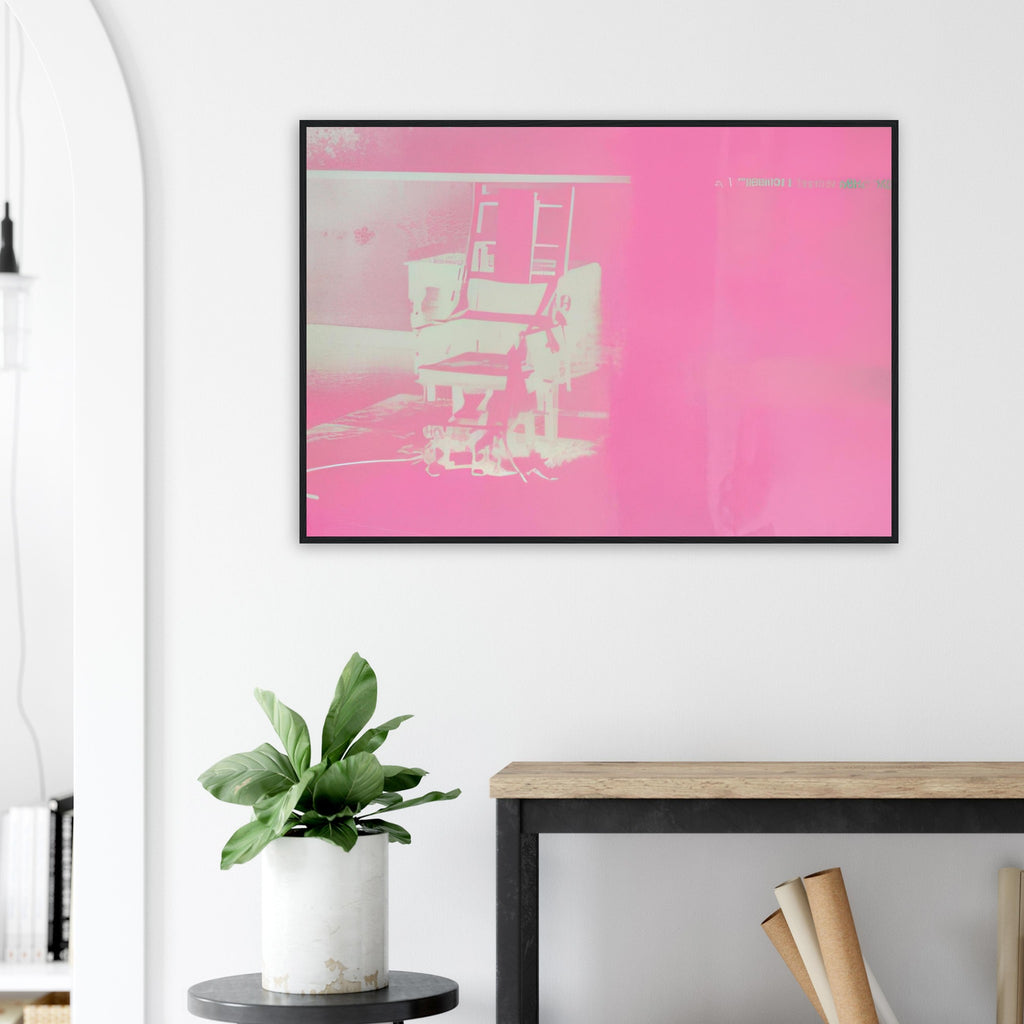 Andy Warhol framed print depicting the stark chair, its surroundings and the tense emptiness of the room, a detail that connects the composition to its broader artistic subject
