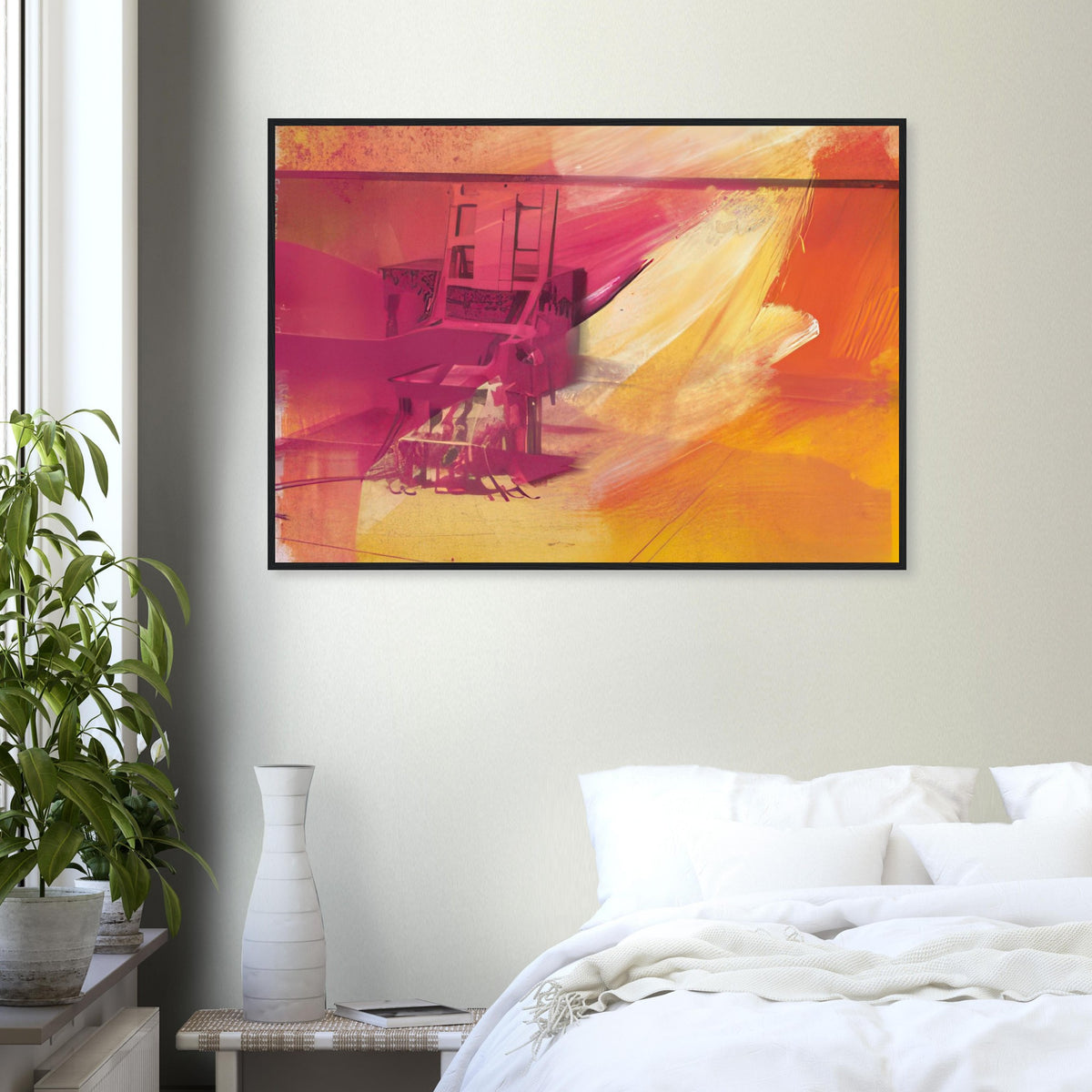 Andy Warhol framed print depicting the stark chair, its surroundings and the tense emptiness of the room, a detail that connects the composition to its broader artistic subject