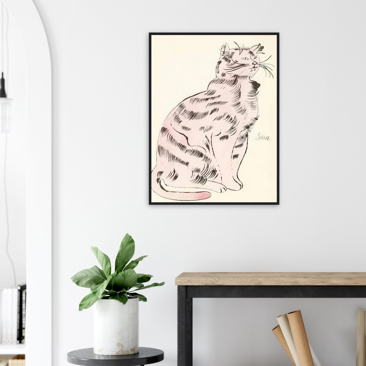 Andy Warhol framed print depicting a spare contour drawing gives the animal its personality, while uncomplicated forms keep the focus on the cat’s outline and pose