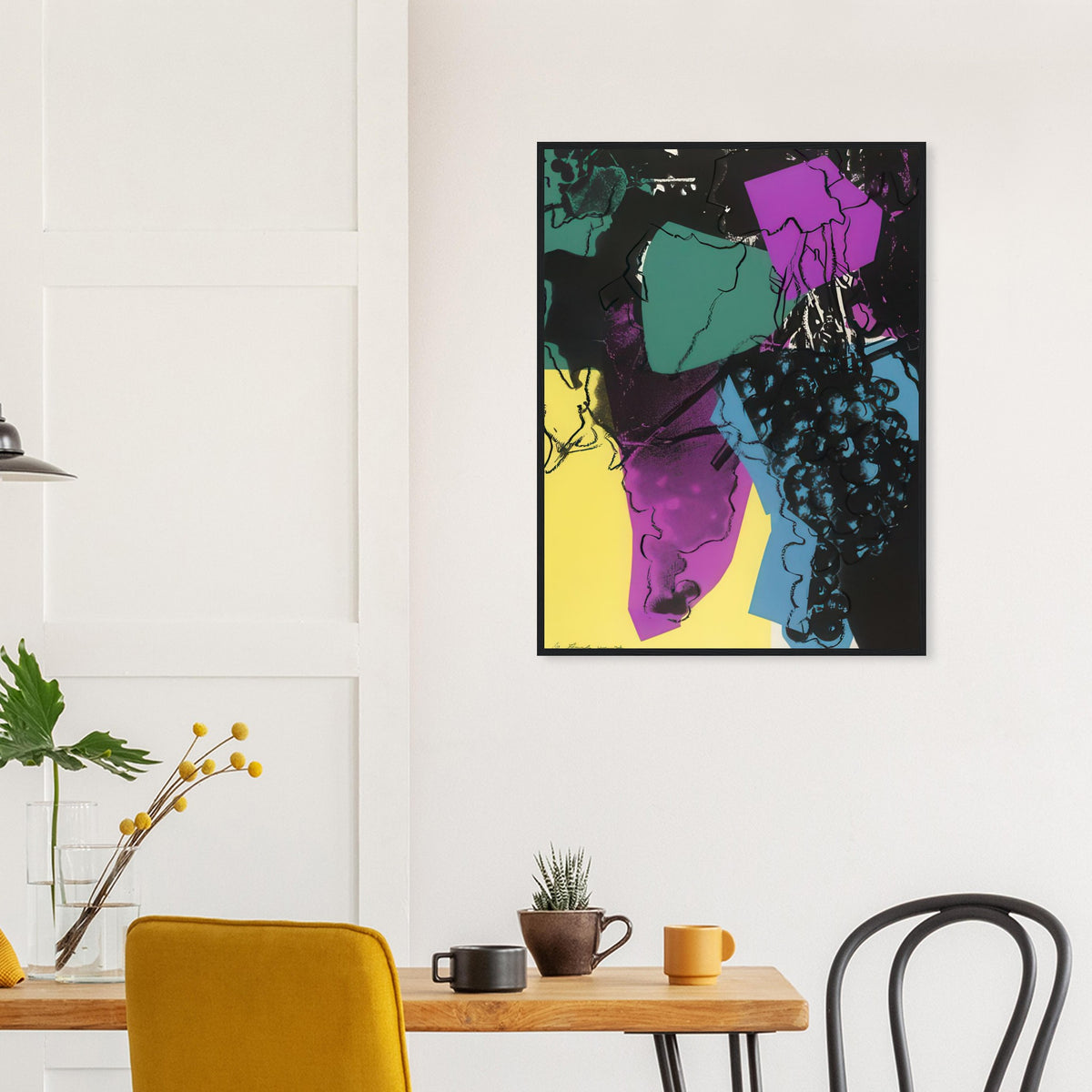 Andy Warhol framed print depicting rounded grape forms and flowing stems provide a decorative rhythm, while the composition feels more graphic than naturalistic
