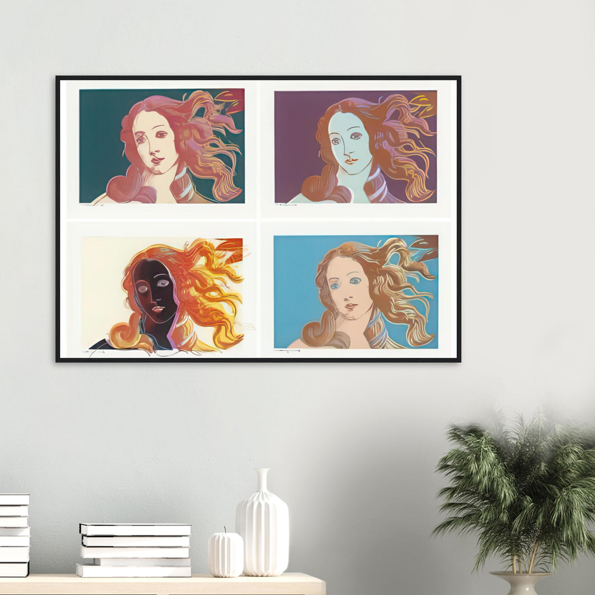 Andy Warhol framed print depicting venus emerging from the sea in a detail from the Renaissance painting, a detail that connects the composition to its broader artistic subject