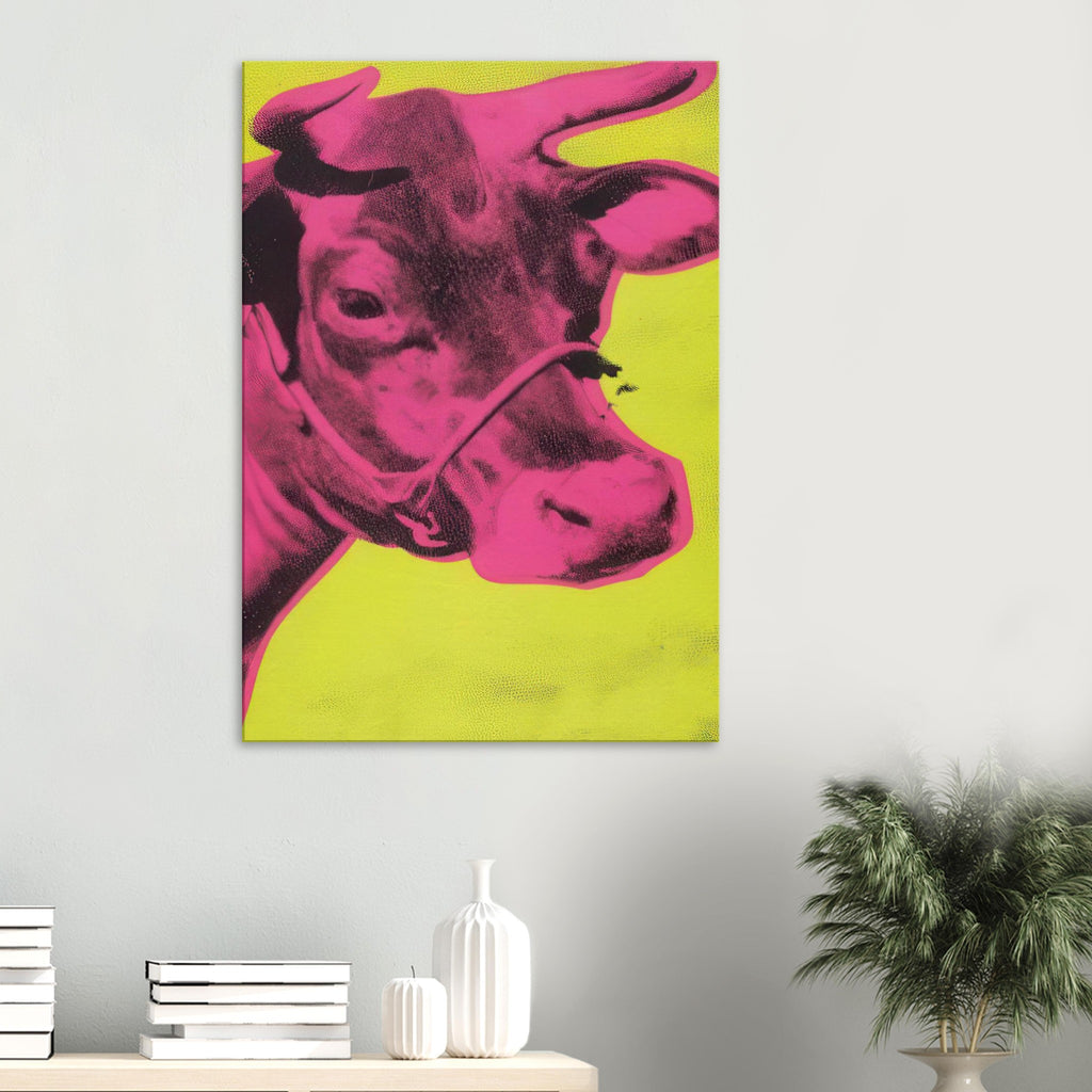 Andy Warhol canvas print depicting the cow’s face becomes a bold graphic presence, replacing the gentle mood of traditional animal painting with irreverent visual impact