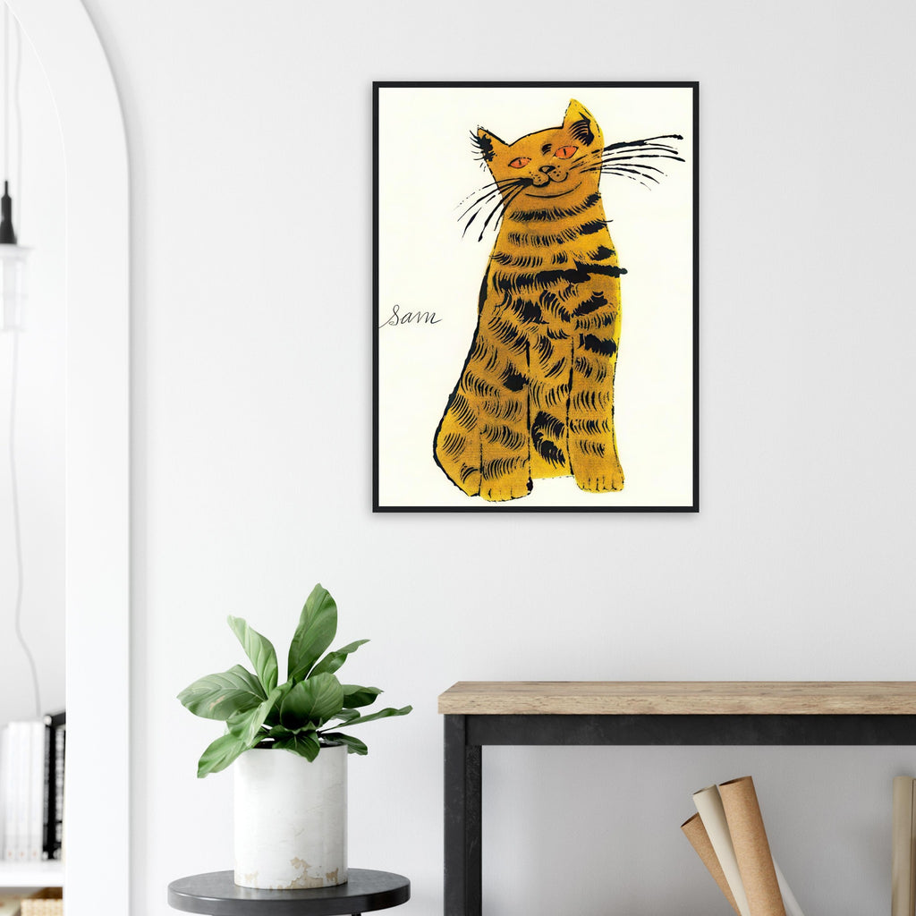 Andy Warhol framed print depicting a spare contour drawing gives the animal its personality, while uncomplicated forms keep the focus on the cat’s outline and pose