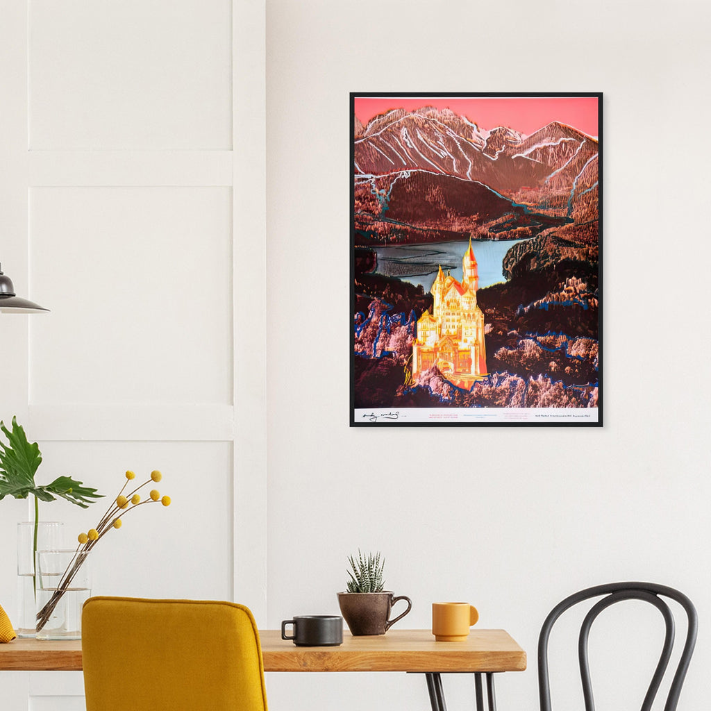 Andy Warhol framed print depicting the alpine castle stands against mountain slopes, a lake and a dramatic sky; Warhol’s image of Neuschwanstein Castle translates a heavily photographed Bavarian landmark into Pop Art