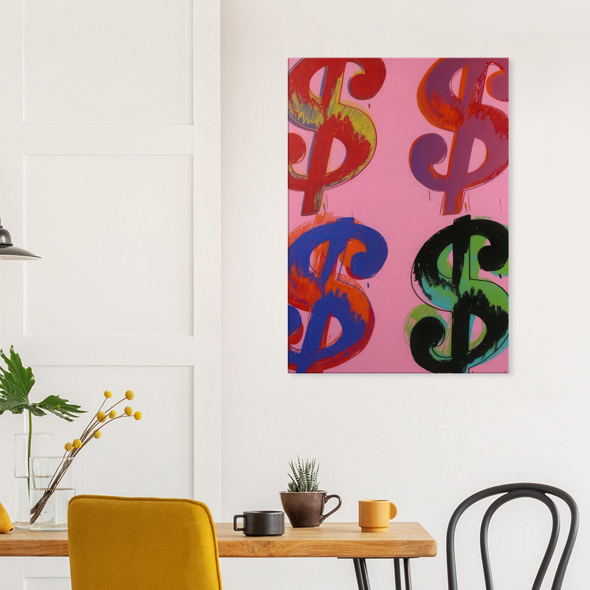 Andy Warhol canvas print depicting the repeated or isolated currency mark operates like a logo: simple, recognizable and assertive