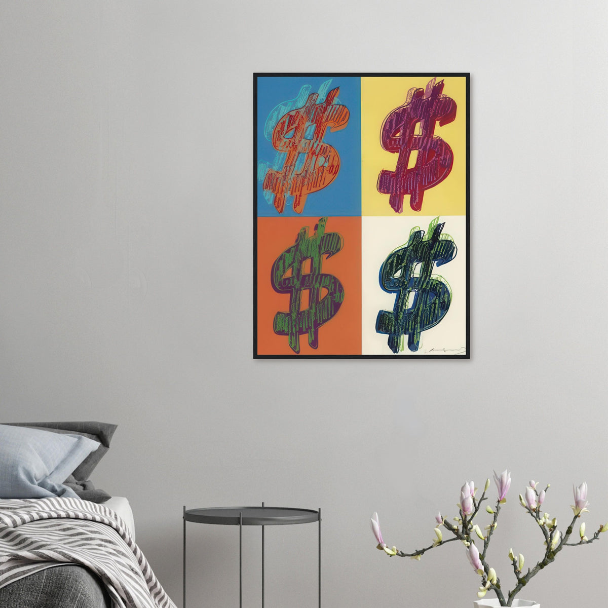 Andy Warhol framed print depicting the repeated or isolated currency mark operates like a logo: simple, recognizable and assertive