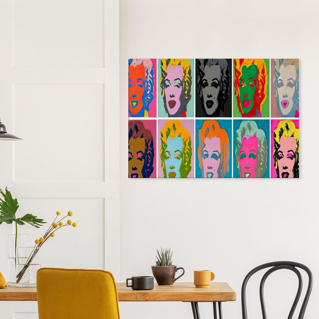 Andy Warhol canvas print depicting a sequence of Marilyn’s recognizable face presented through variations of color and repetition, a detail that connects the composition to its broader artistic