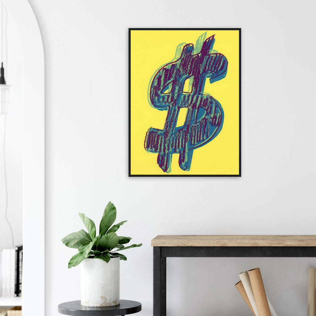 Andy Warhol framed print depicting the repeated or isolated currency mark operates like a logo: simple, recognizable and assertive