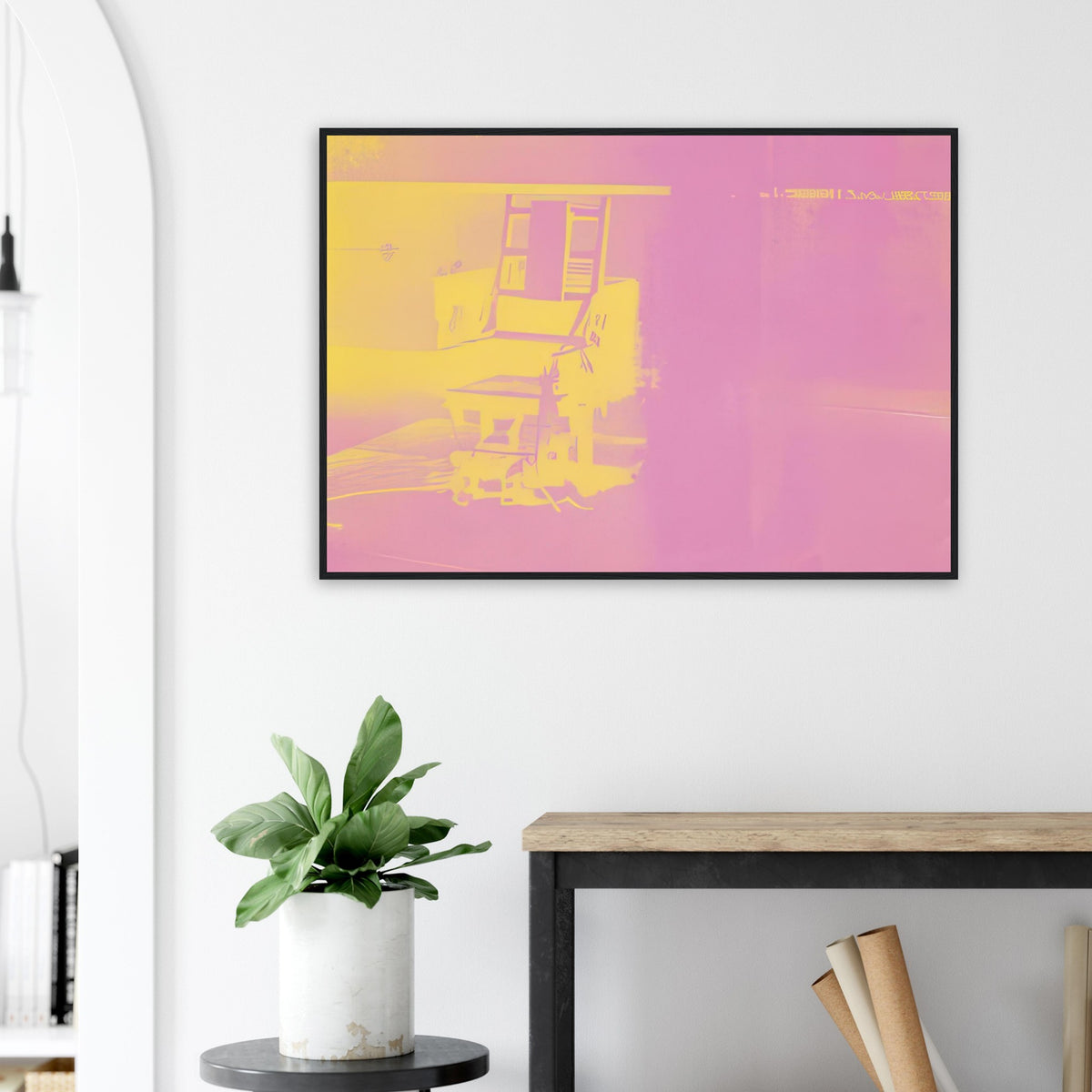 Andy Warhol framed print depicting the stark chair, its surroundings and the tense emptiness of the room, a detail that connects the composition to its broader artistic subject