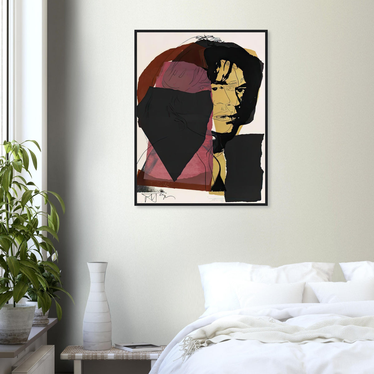 Andy Warhol framed print depicting photographic tones are interrupted by hand-drawn contours, selective colour blocks and cropped facial and bodily details; Warhol’s ten Mick Jagger portraits followed a long friendship with the Rolling Stones singer, including