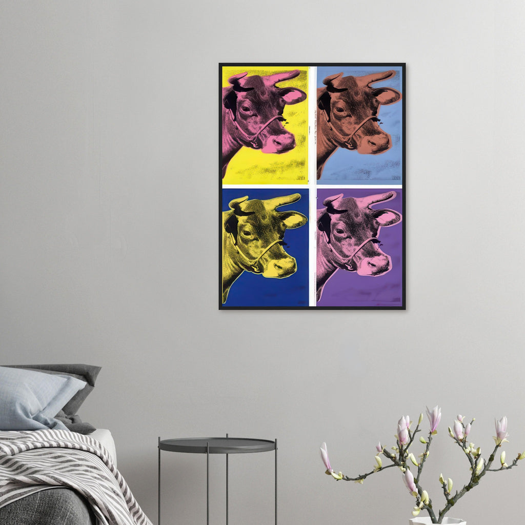 Andy Warhol framed print depicting the cow’s face becomes a bold graphic presence, replacing the gentle mood of traditional animal painting with irreverent visual impact
