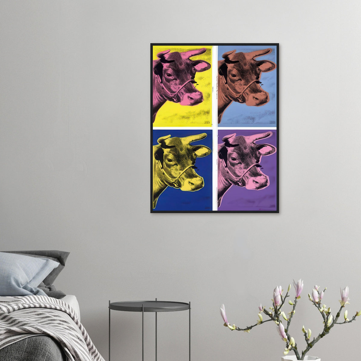 Andy Warhol framed print depicting the cow’s face becomes a bold graphic presence, replacing the gentle mood of traditional animal painting with irreverent visual impact