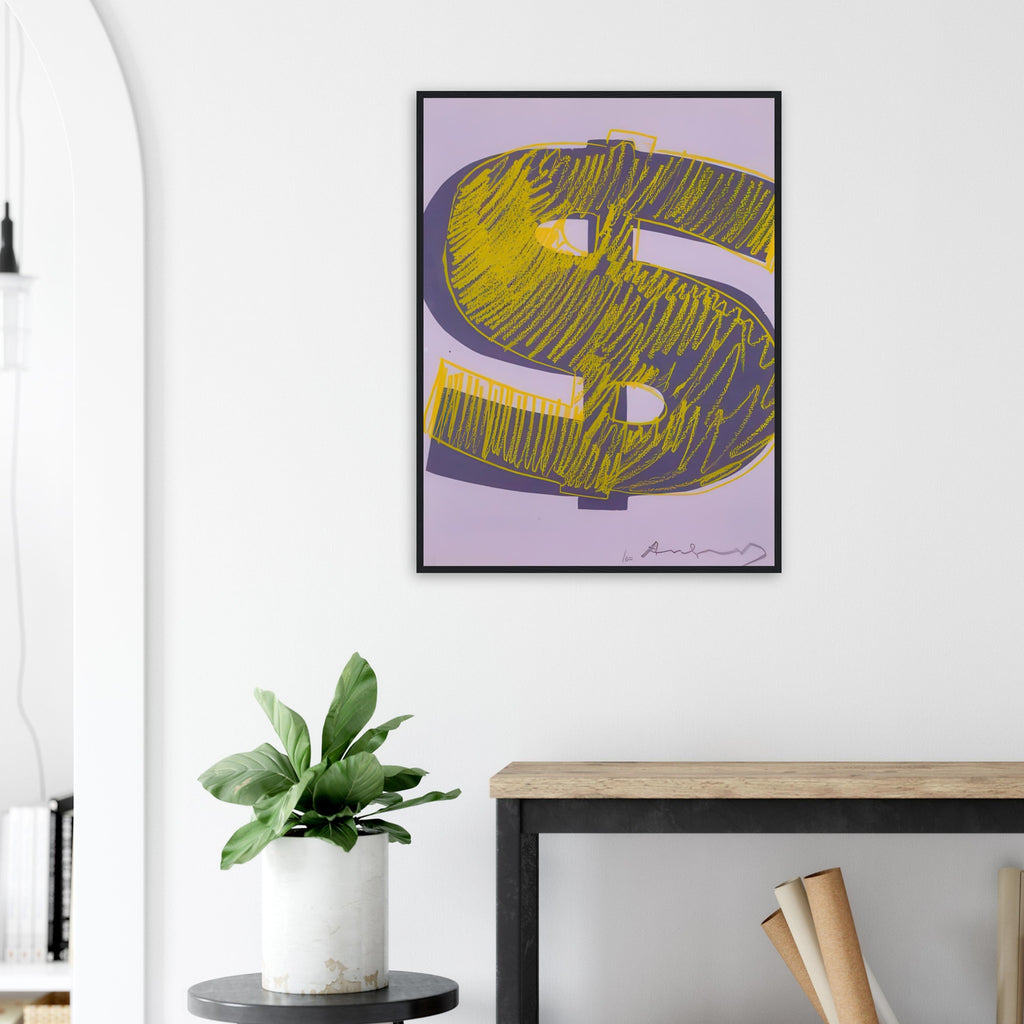 Andy Warhol framed print depicting the repeated or isolated currency mark operates like a logo: simple, recognizable and assertive
