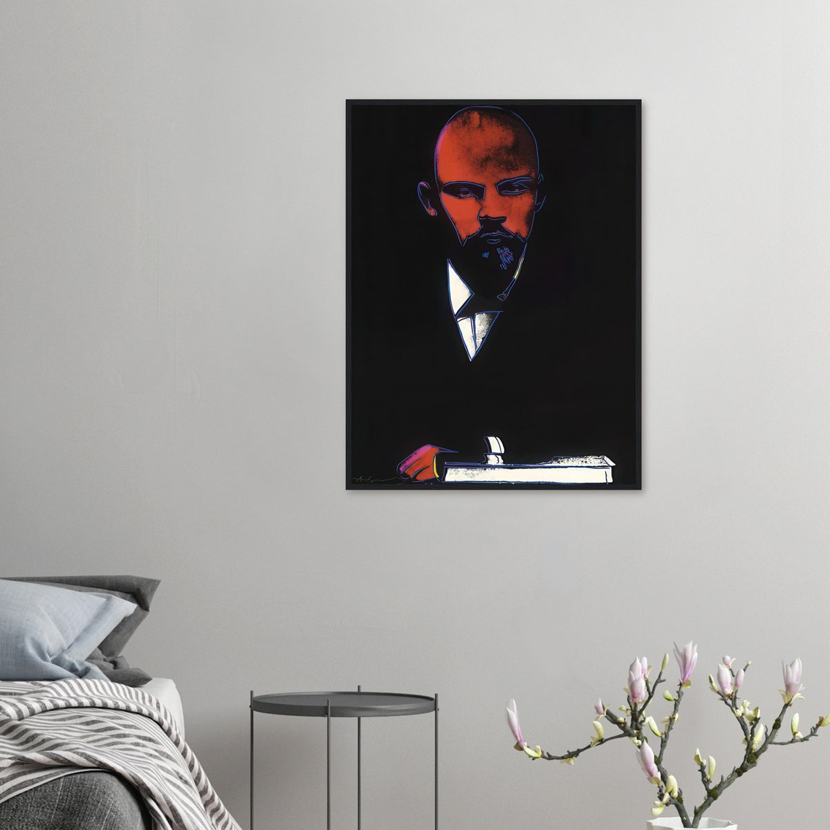 Andy Warhol framed print depicting an assertive face and reduced graphic shapes organize the composition into a memorable political portrait, independent of a traditional painted likeness