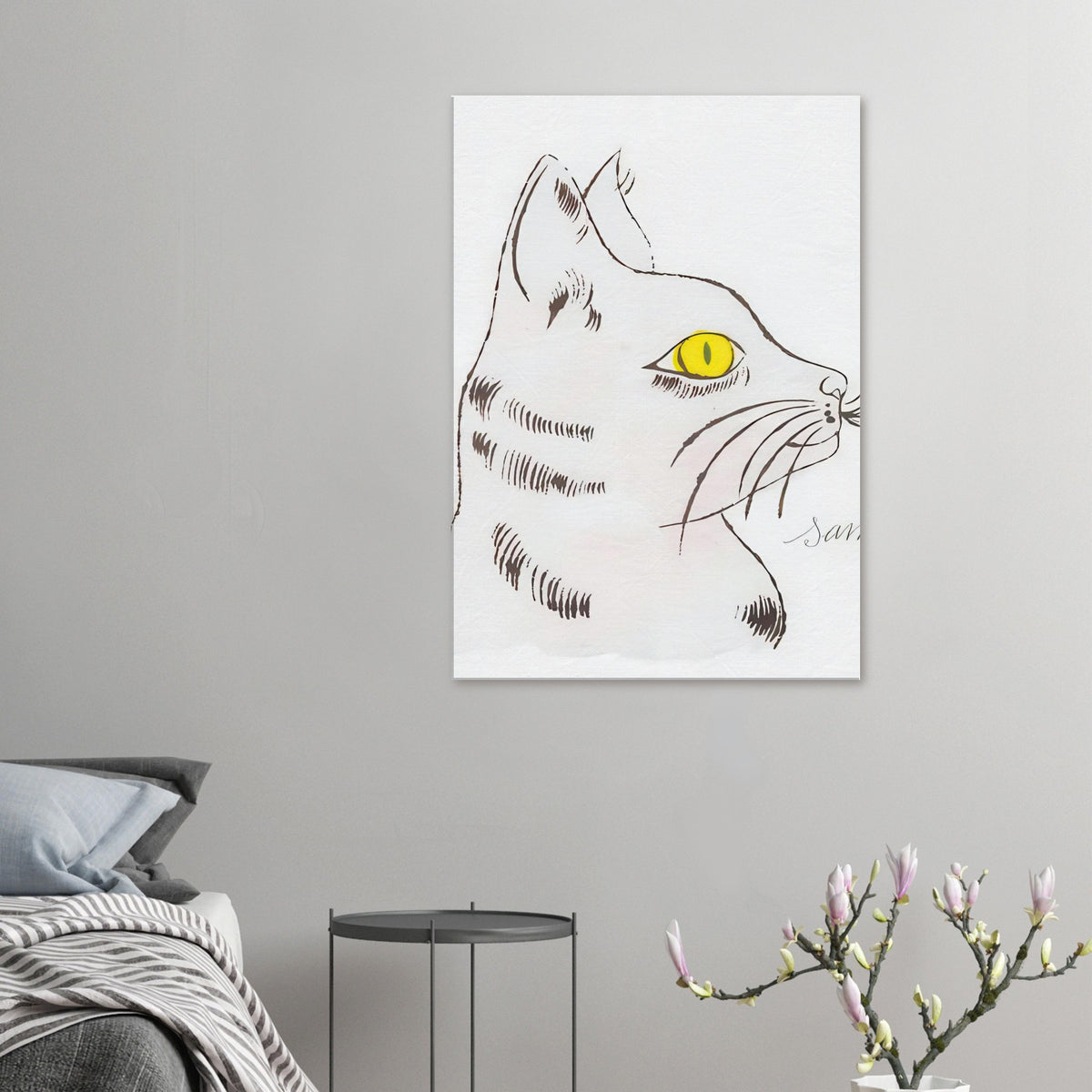 Andy Warhol canvas print depicting a spare contour drawing gives the animal its personality, while uncomplicated forms keep the focus on the cat’s outline and pose