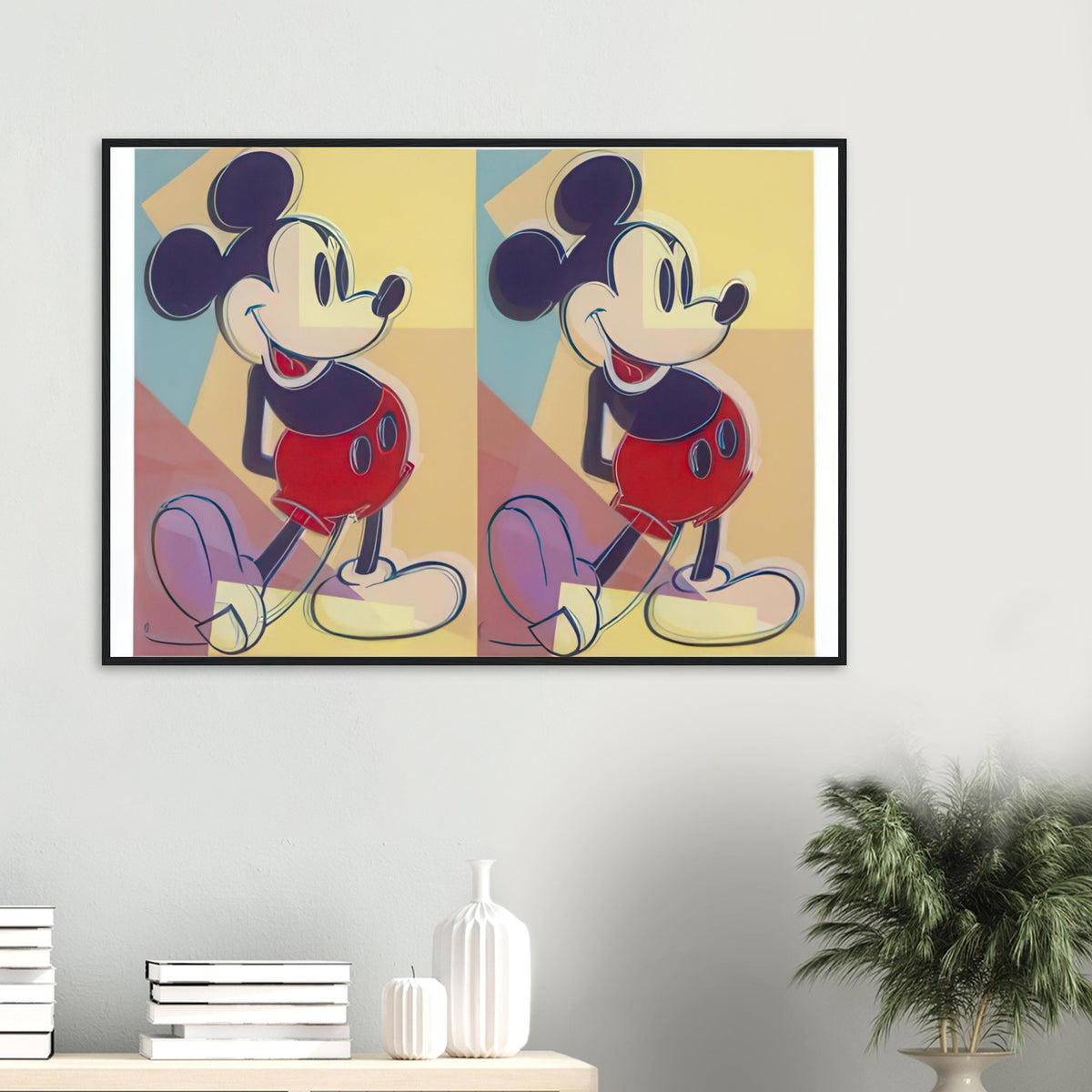 Andy Warhol framed print depicting paired versions of Disney’s recognizable cartoon character, a detail that connects the composition to its broader artistic subject
