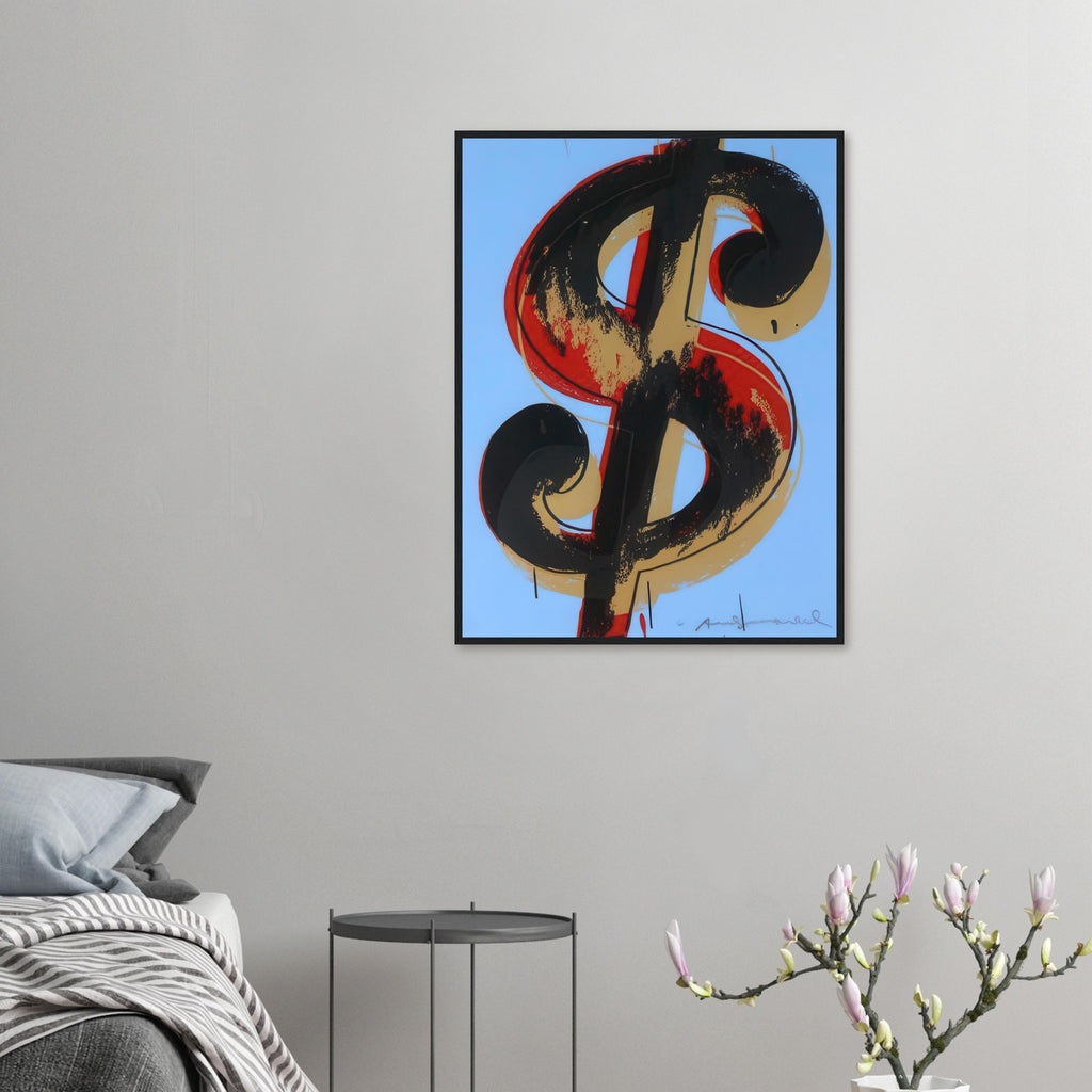 Andy Warhol framed print depicting the repeated or isolated currency mark operates like a logo: simple, recognizable and assertive