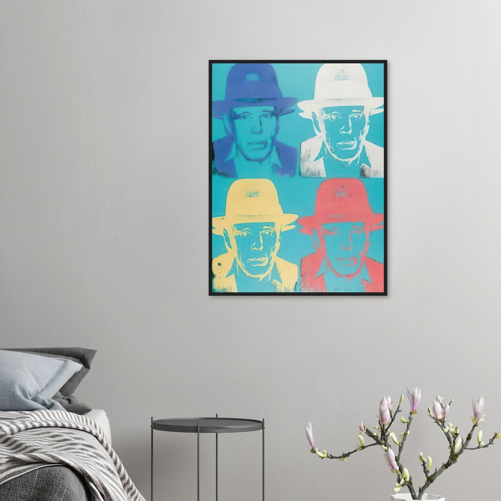 Andy Warhol framed print depicting beuys faces the viewer wearing his characteristic brimmed felt hat; Warhol portrayed fellow artist Joseph Beuys after photographing him in 1979