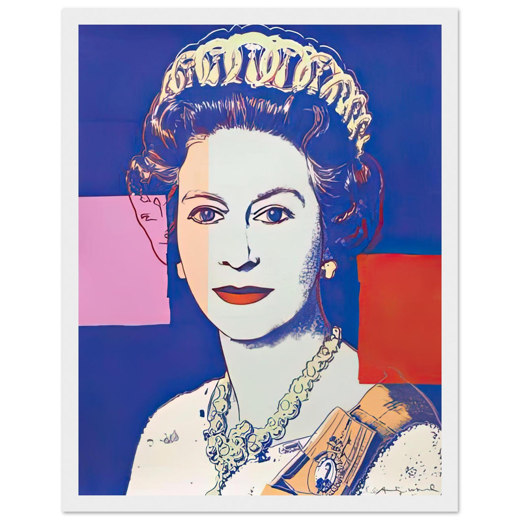 Andy Warhol framed print depicting this work depicts Queen Elizabeth II of the United Kingdom; The Reigning Queens portfolio presented four women who held ruling power in their own right: Elizabeth, white frame, 27x35 cm / 11x14″