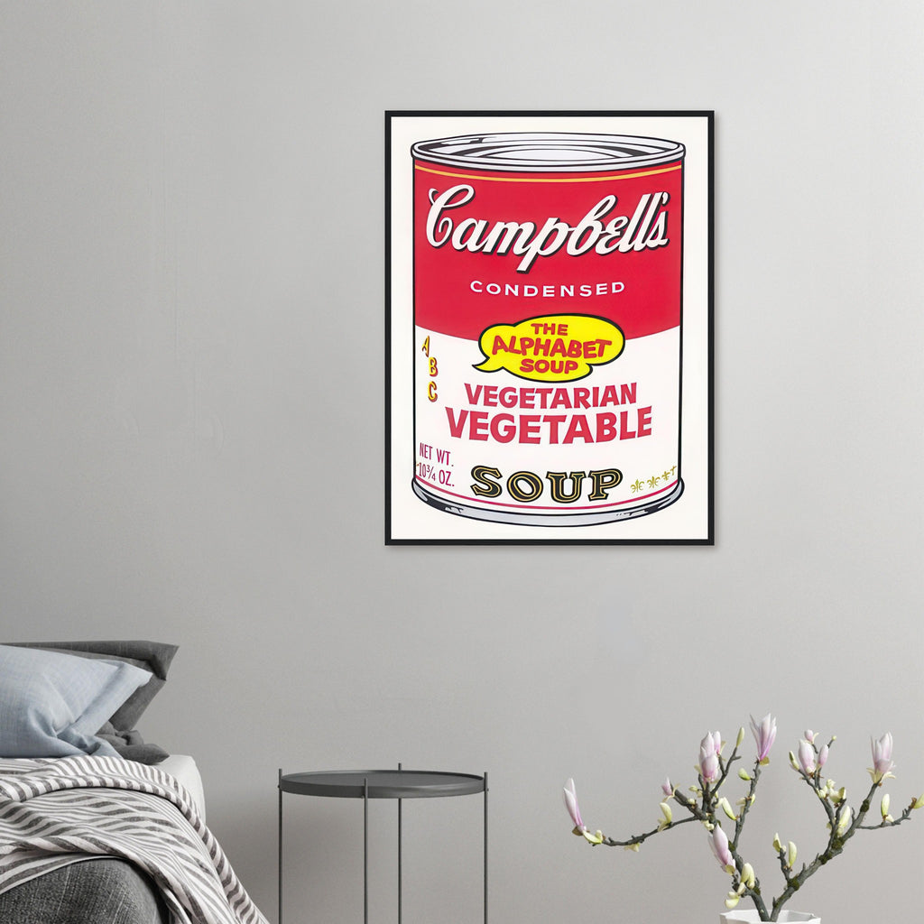 Andy Warhol framed print depicting the instantly legible soup-can silhouette, packaging lettering and product name create a highly recognizable commercial composition