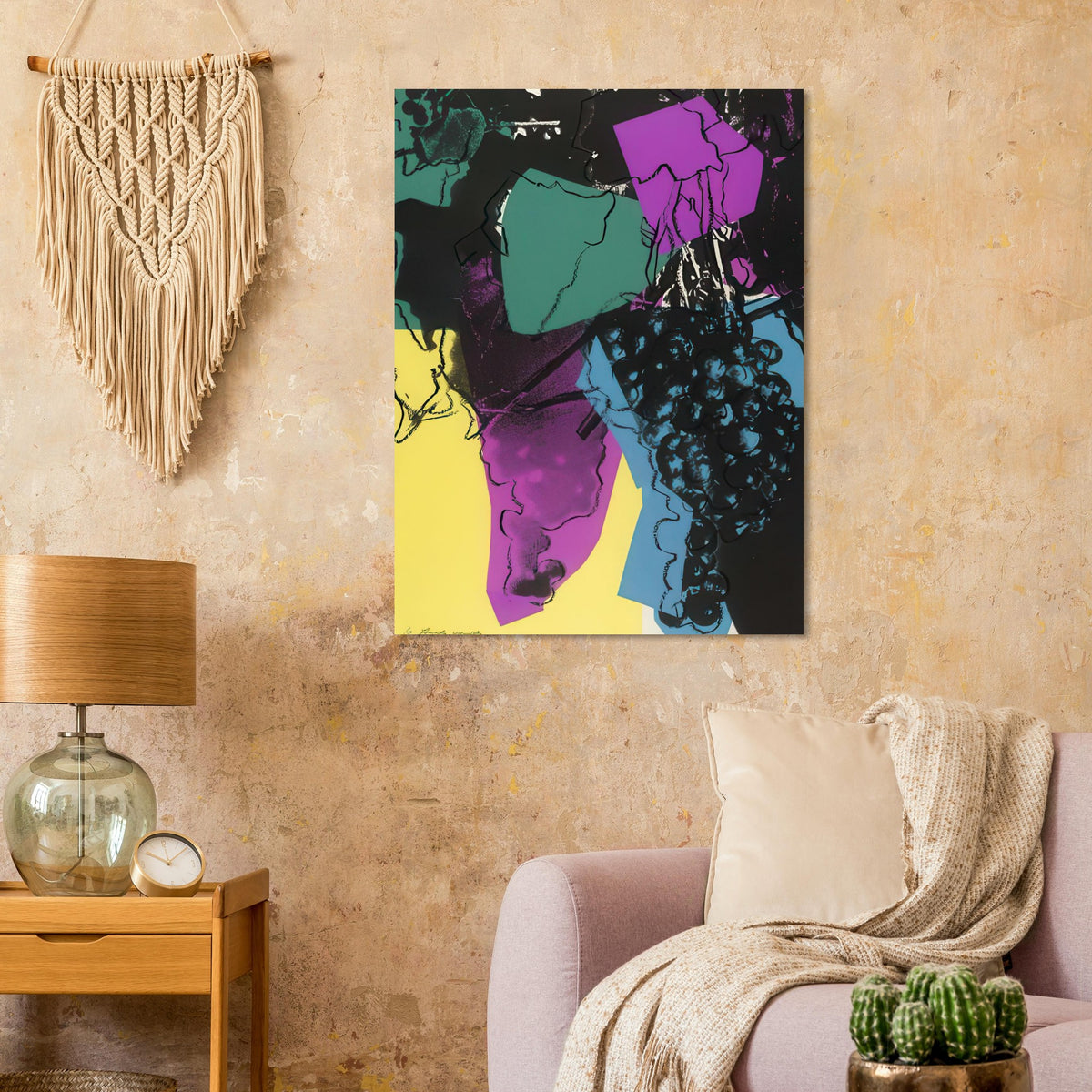 Andy Warhol poster depicting rounded grape forms and flowing stems provide a decorative rhythm, while the composition feels more graphic than naturalistic