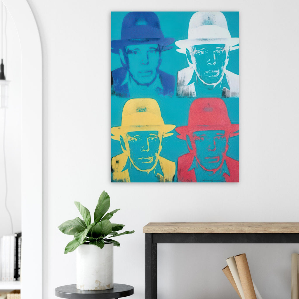 Andy Warhol poster depicting the portrait is direct and intense: the hat and centered face make Beuys recognizable, while the print’s graphic treatment pushes the likeness toward iconography