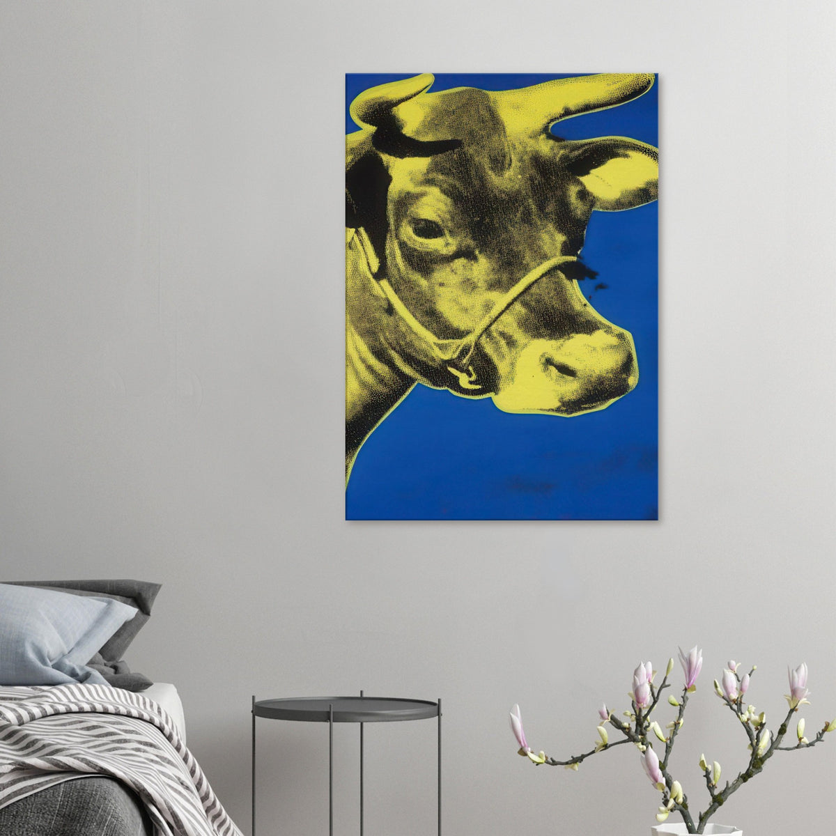 Andy Warhol canvas print depicting the cow’s face becomes a bold graphic presence, replacing the gentle mood of traditional animal painting with irreverent visual impact