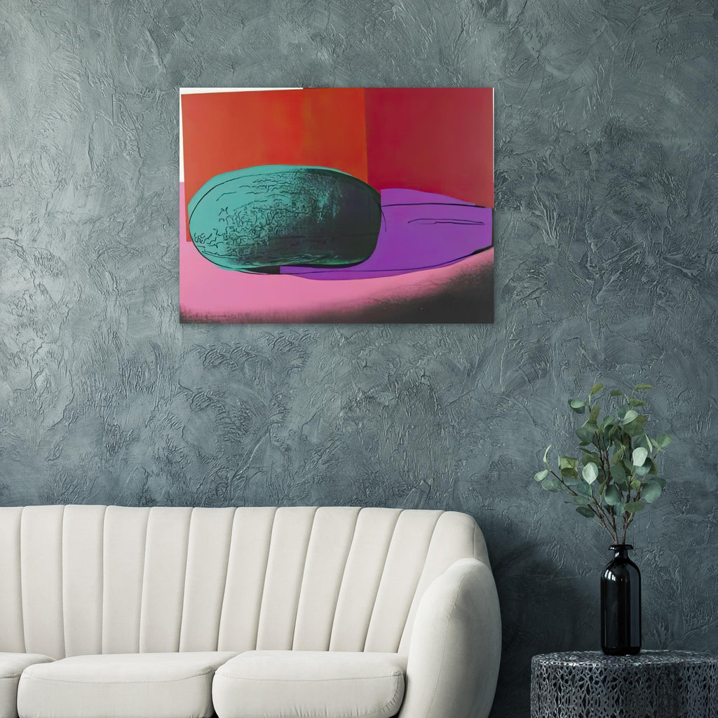 Andy Warhol poster depicting rounded fruit forms, expressive edges and the recognizable shapes of watermelon, a detail that connects the composition to its broader artistic subject