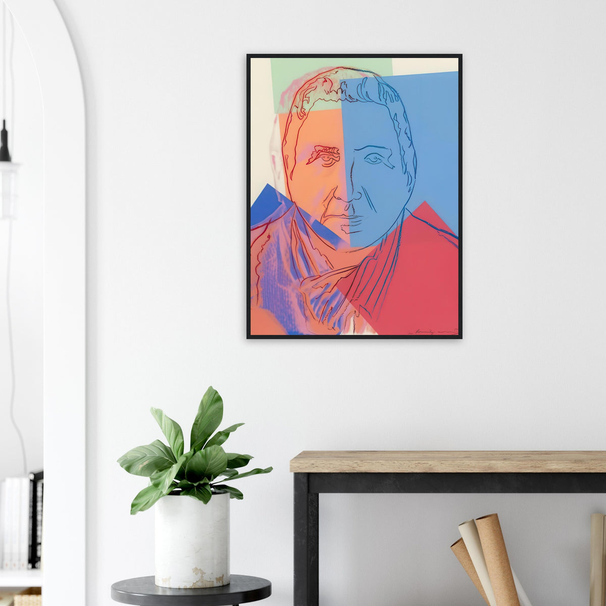 Andy Warhol framed print depicting the image centers on a distinctive likeness rather than narrative scenery; line and simplified contrast make the person the focus