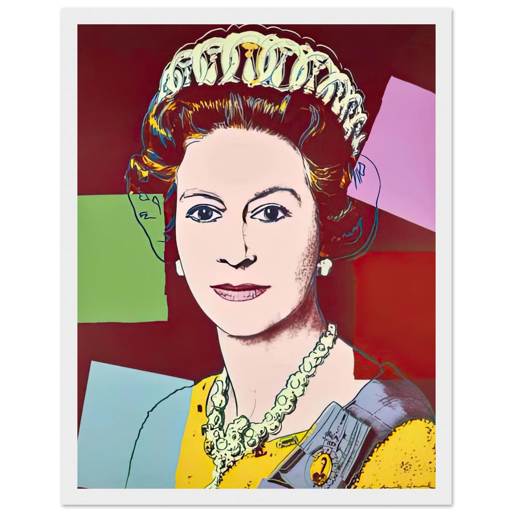 Andy Warhol framed print depicting this work depicts Queen Elizabeth II of the United Kingdom; The Reigning Queens portfolio presented four women who held ruling power in their own right: Elizabeth, white frame, 27x35 cm / 11x14″