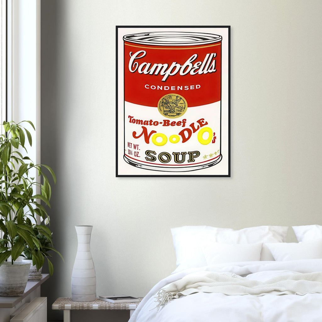 Andy Warhol framed print depicting the instantly legible soup-can silhouette, packaging lettering and product name create a highly recognizable commercial composition