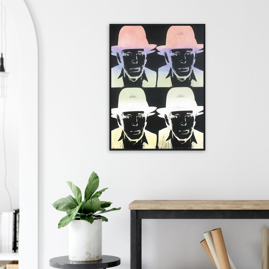 Andy Warhol framed print depicting dark facial areas are crossed by pastel ombré highlights, with the hat and jacket emerging from near-black tones; Warhol portrayed fellow artist Joseph Beuys after photographing him in 1979