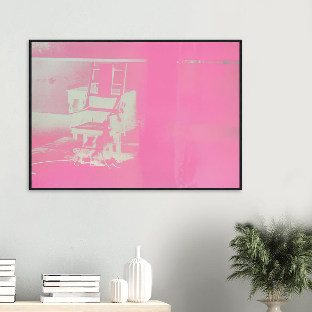 Andy Warhol framed print depicting the stark chair, its surroundings and the tense emptiness of the room, a detail that connects the composition to its broader artistic subject