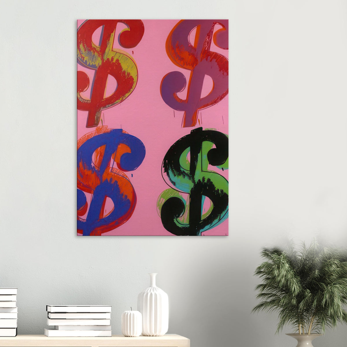 Andy Warhol canvas print depicting the repeated or isolated currency mark operates like a logo: simple, recognizable and assertive