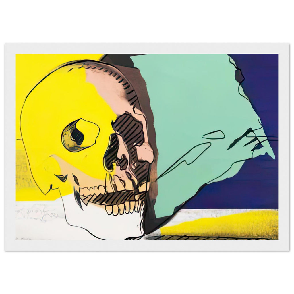 Andy Warhol framed print depicting the contours and shadow of a skull used as a direct, confronting focal point, a detail that connects the composition to its broader artistic subject, white frame, 21x29.7 cm / 8x12"