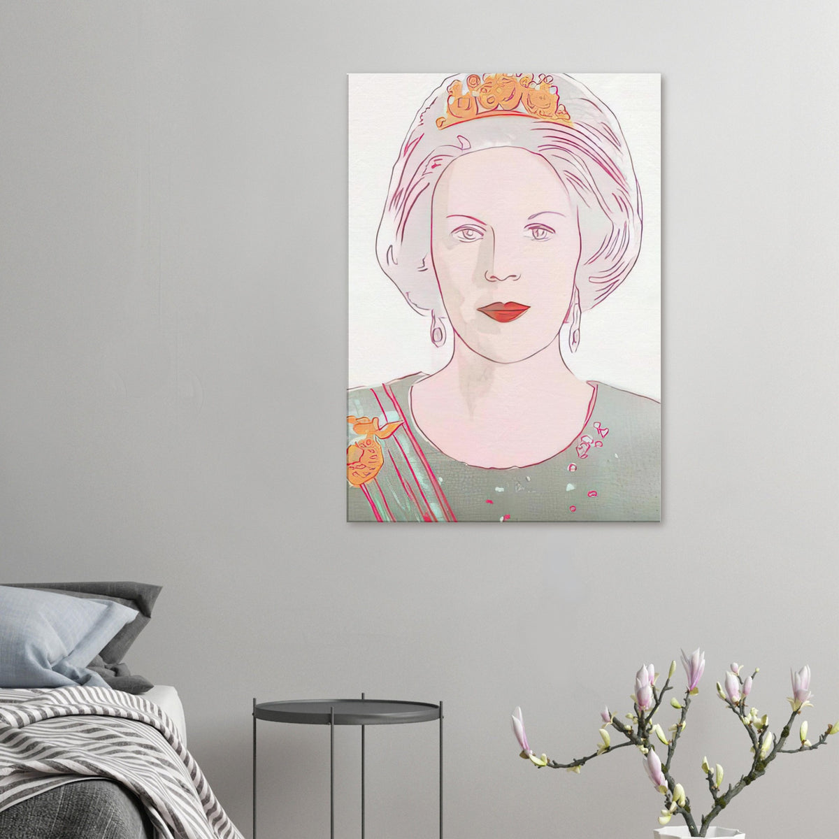 Andy Warhol canvas print depicting the recognizable royal portrait becomes a strong graphic focal point