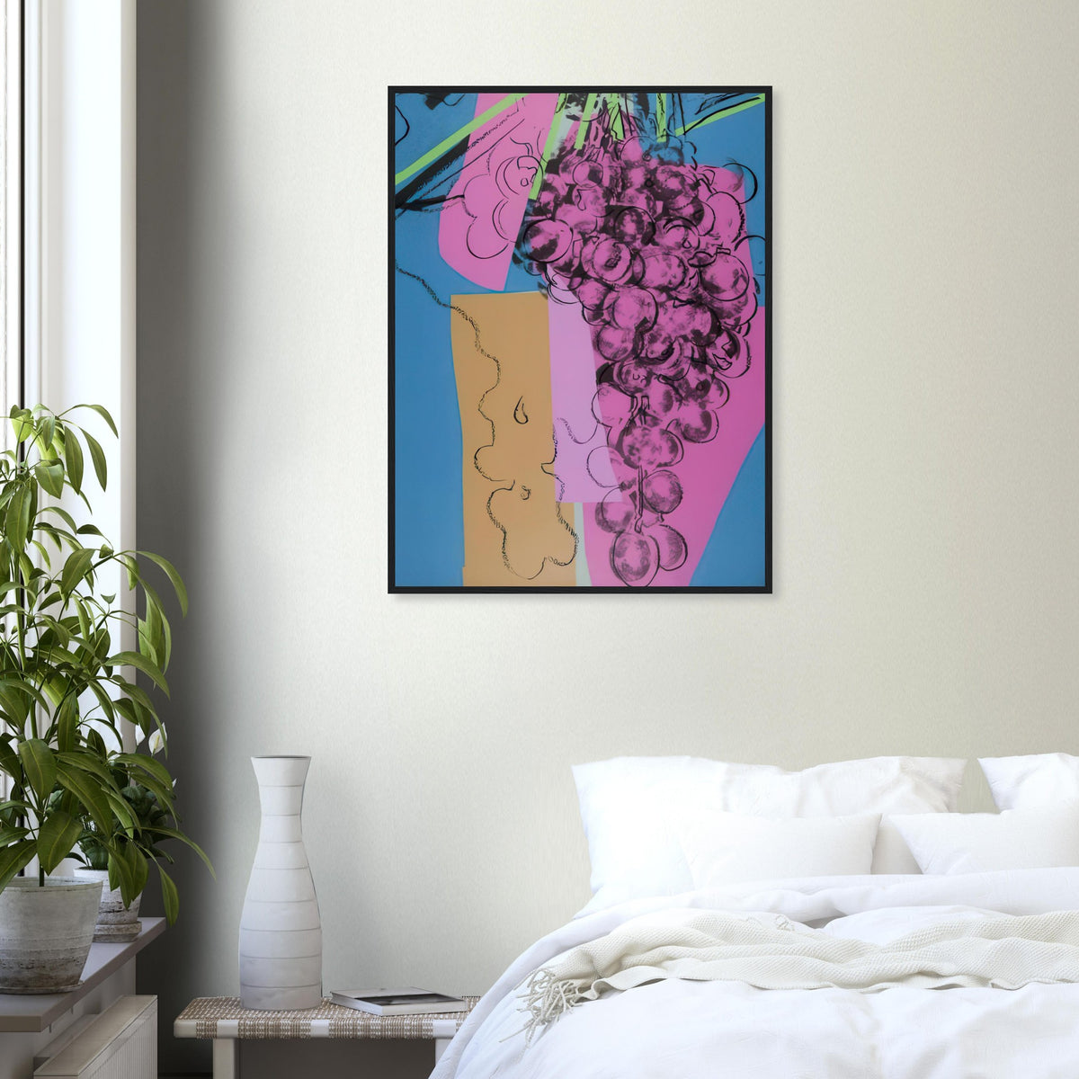 Andy Warhol framed print depicting rounded grape forms and flowing stems provide a decorative rhythm, while the composition feels more graphic than naturalistic