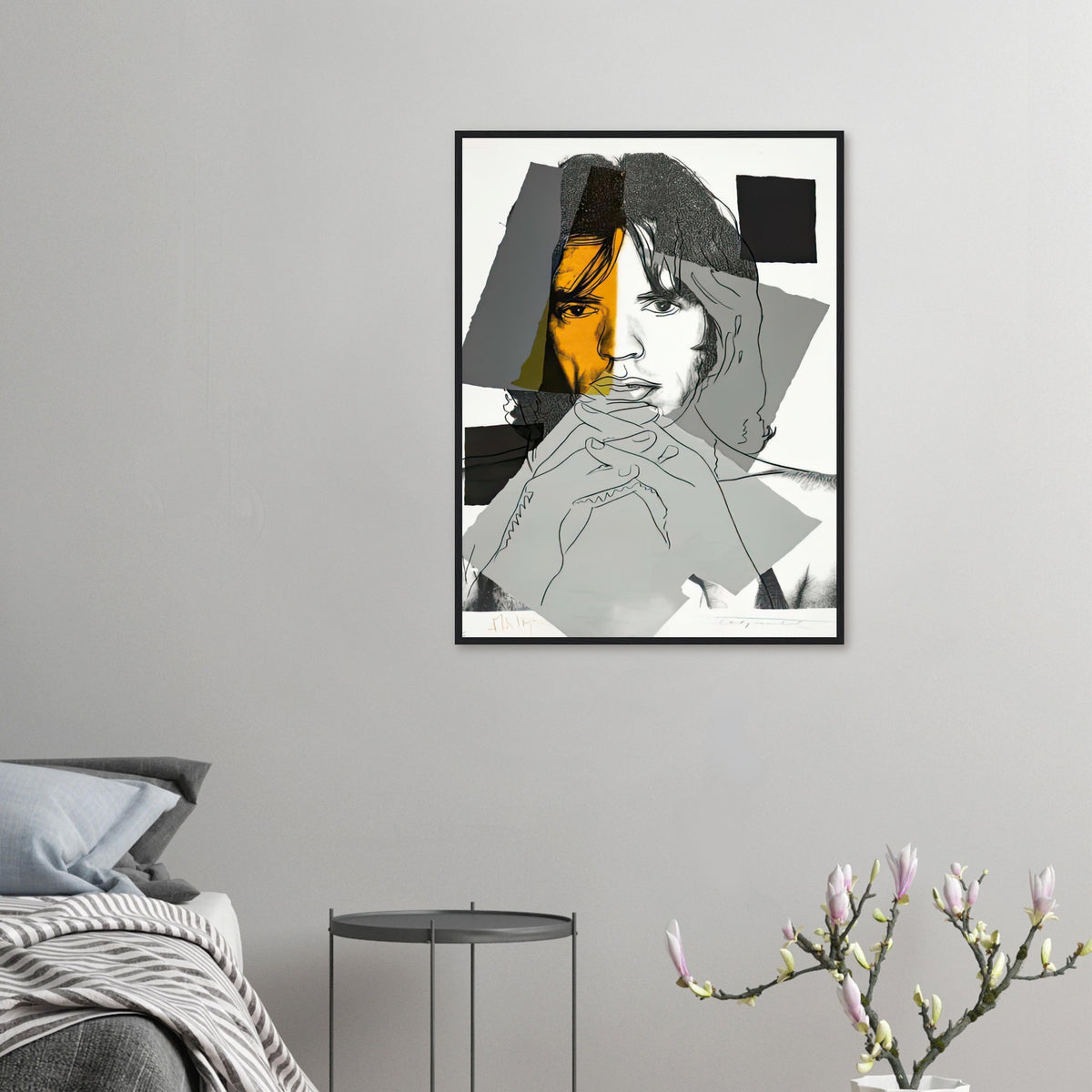 Andy Warhol framed print depicting photographic tones are interrupted by hand-drawn contours, selective colour blocks and cropped facial and bodily details; Warhol’s ten Mick Jagger portraits followed a long friendship with the Rolling Stones singer, including