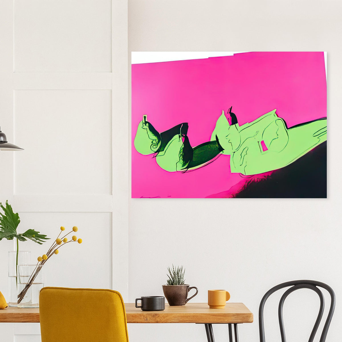 Andy Warhol poster depicting rounded fruit forms, expressive edges and the recognizable shapes of pears, a detail that connects the composition to its broader artistic subject
