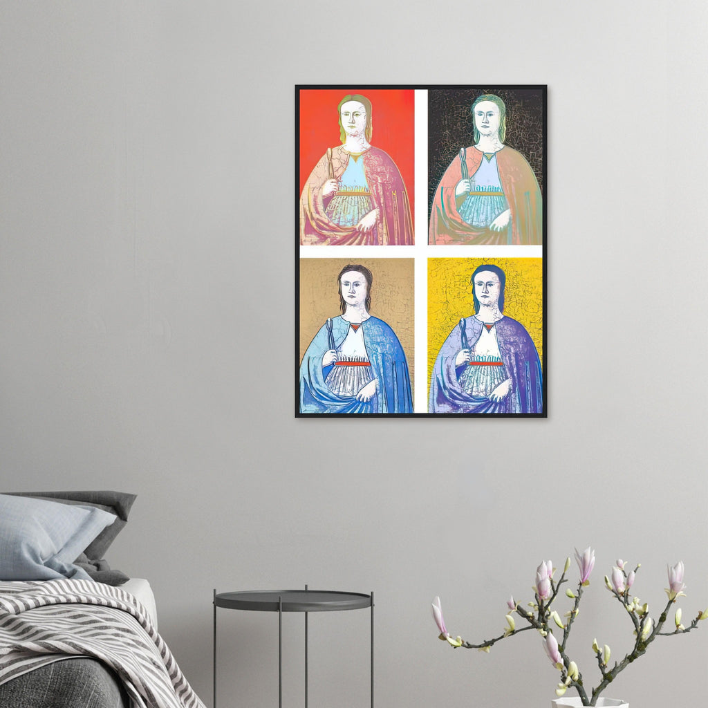 Andy Warhol framed print depicting the saint’s solemn presence, her symbolic attribute and the cracked appearance of the source painting remain visible; Warhol’s Saint Apollonia portfolio draws upon a Renaissance devotional image associated with Piero della