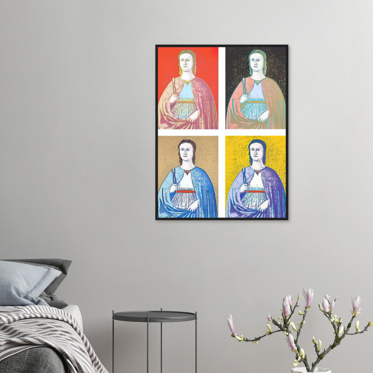 Andy Warhol framed print depicting the saint’s solemn presence, her symbolic attribute and the cracked appearance of the source painting remain visible; Warhol’s Saint Apollonia portfolio draws upon a Renaissance devotional image associated with Piero della