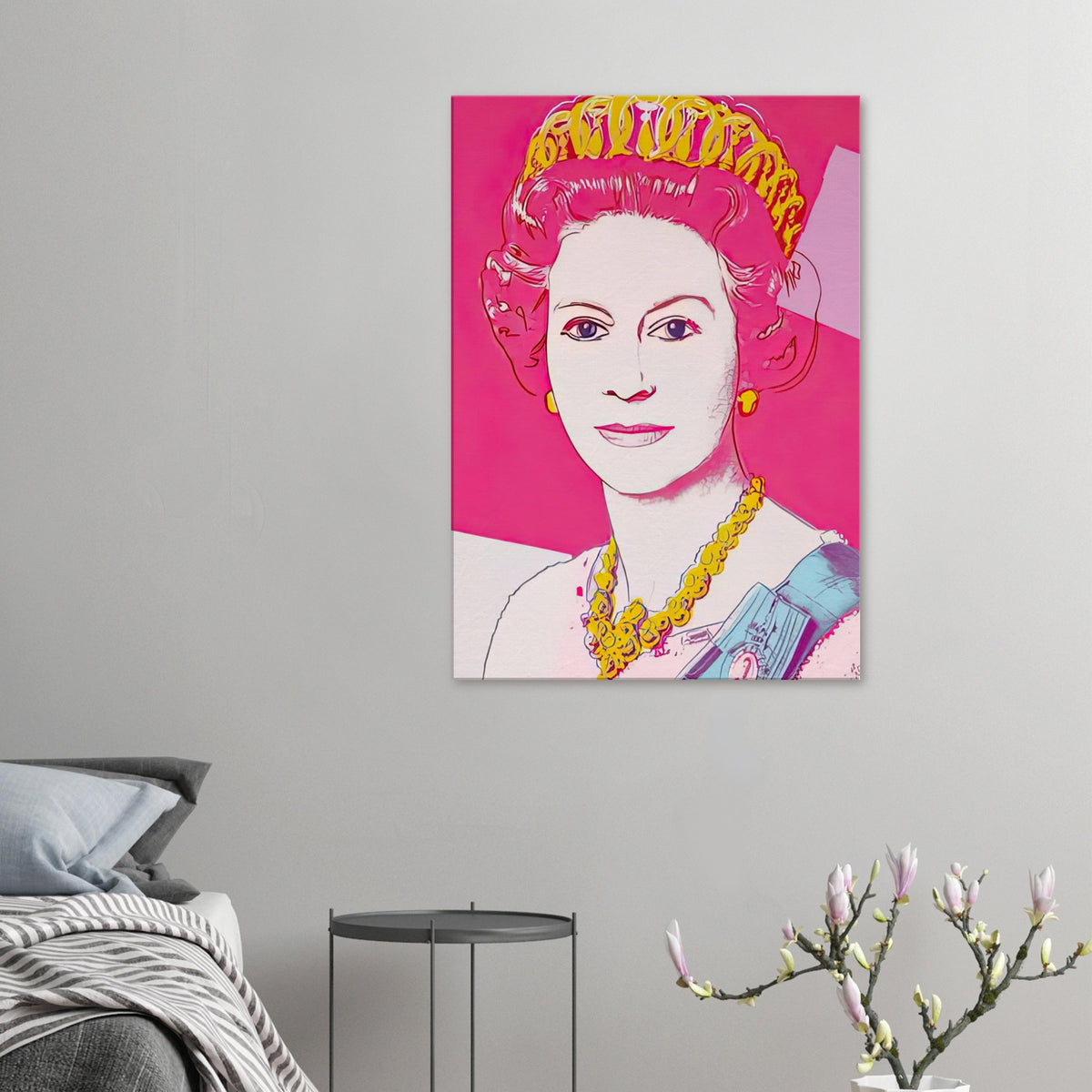 Andy Warhol canvas print depicting the recognizable royal portrait becomes a strong graphic focal point