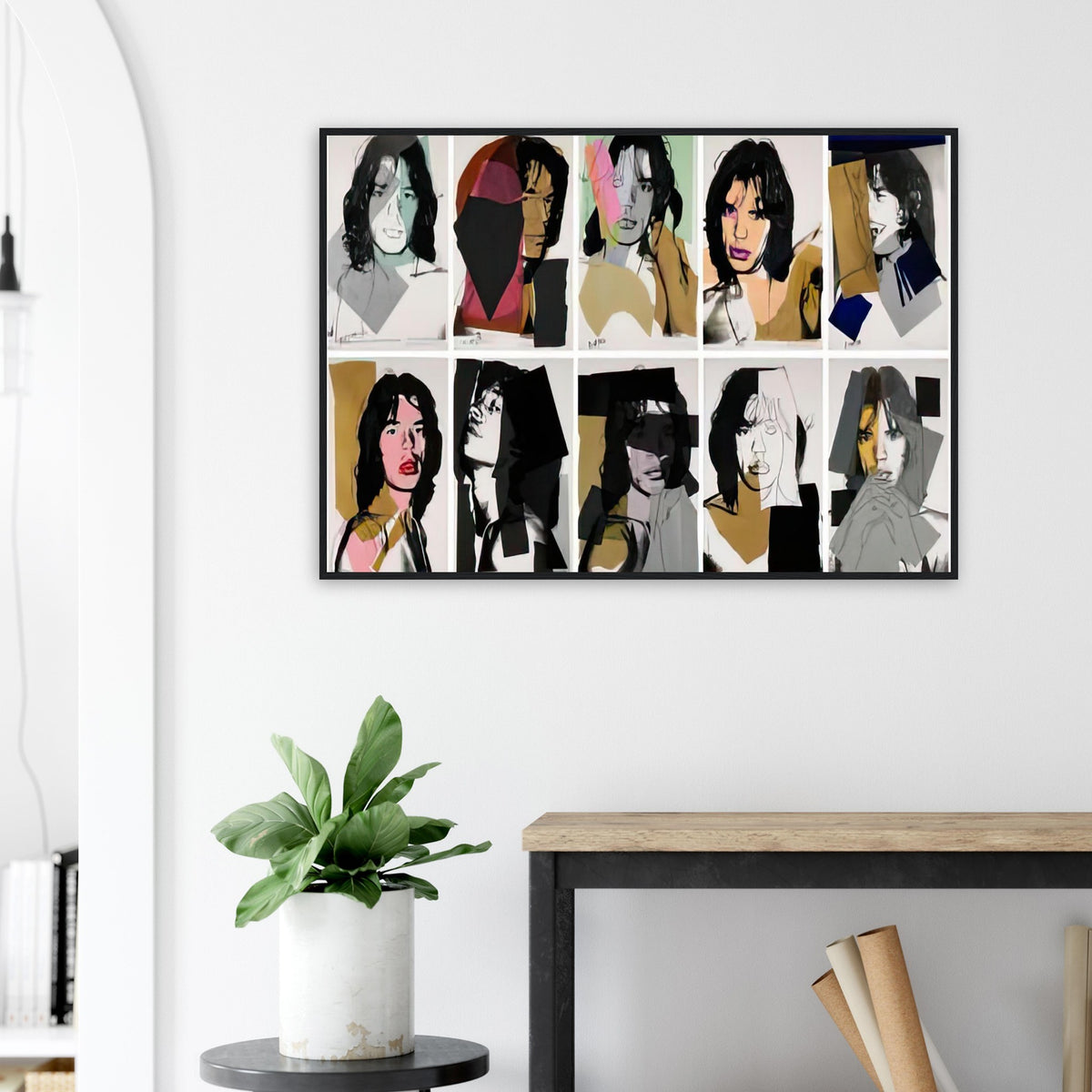 Andy Warhol framed print depicting close-up rock-star portraiture and layered graphic contours, a detail that connects the composition to its broader artistic subject