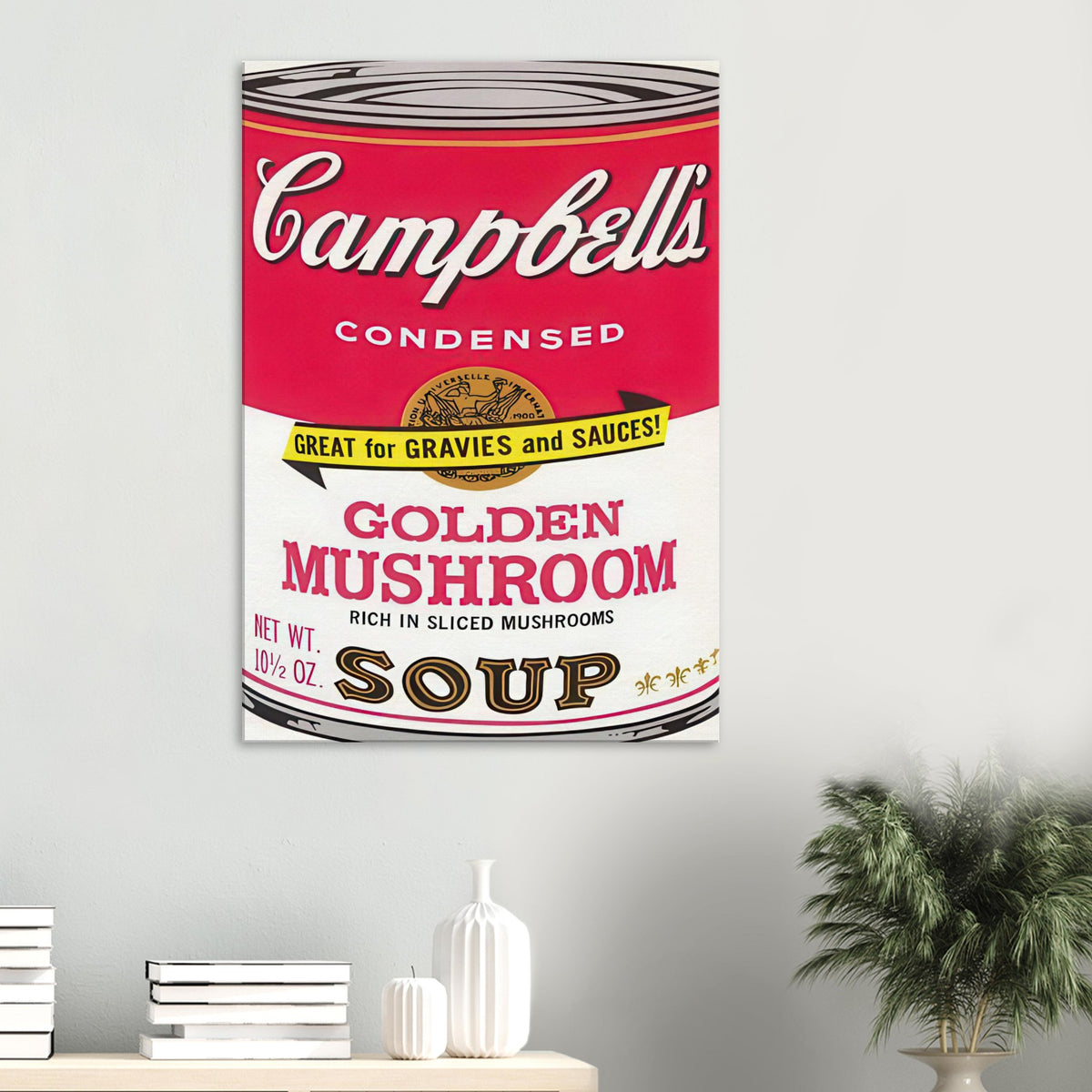 Andy Warhol canvas print depicting the instantly legible soup-can silhouette, packaging lettering and product name create a highly recognizable commercial composition
